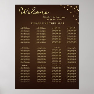 Elegant Brown & Gold Light Wedding Seating Chart Poster
