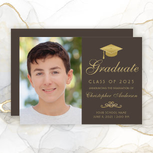 Elegant Brown Gold Script Pet Foto Afstuderen Aankondiging