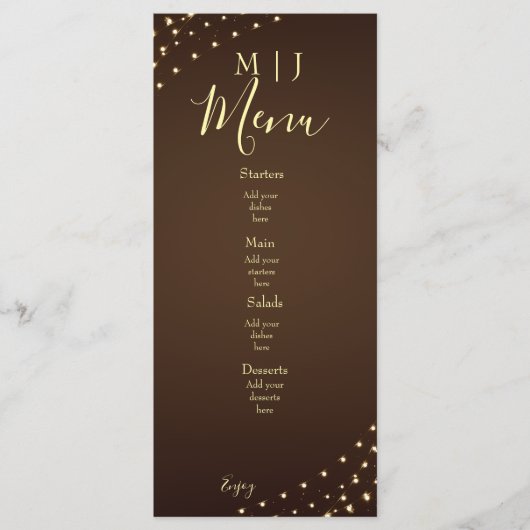 Elegant Brown & Gold String Lights Wedding Menu (Voorkant)