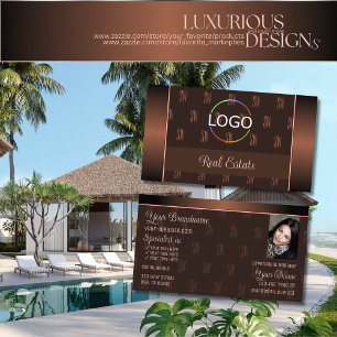 Elegant Brown met Logo foto- en monogram-patroon Visitekaartje