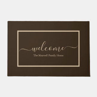 Elegant brown taupe script name welkome naam deurmat