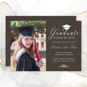 Elegant Brown White Script Pet Foto Afstuderen Aankondiging