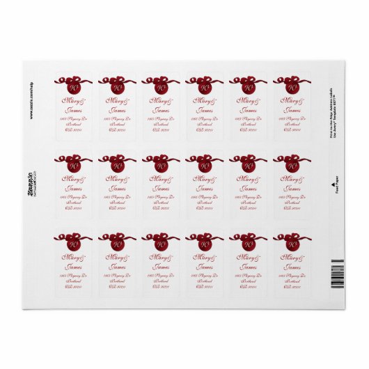 Elegant bruiloft adres Swirly Bow Monogram rood Etiket (Full Sheet)