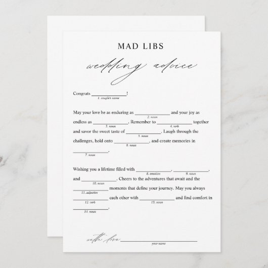 Elegant bruiloft advies bruids libs spel kaart (Voorkant / Achterkant)