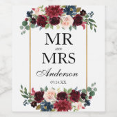 Elegant Bruiloft Bloemen Bourgondië Blauw Goud Wijn Etiket (Enkel label)