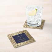 Elegant Bruiloft Goud Navy Blauw  Wilde Rozen Vierkante Kartonnen Onderzetter (Insitu)