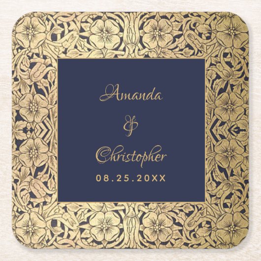 Elegant Bruiloft Goud Navy Blauw  Wilde Rozen Vierkante Kartonnen Onderzetter (Voorkant)