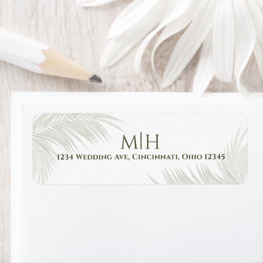 Elegant Bruiloft Groen Monogram Palmbladeren Etiket (Insitu)