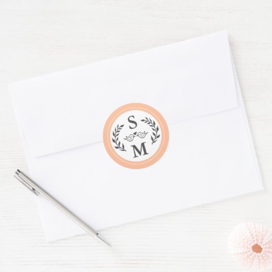 Elegant Bruiloft Modern Monogram Perzik Trendy Fav Ronde Sticker (Envelop)