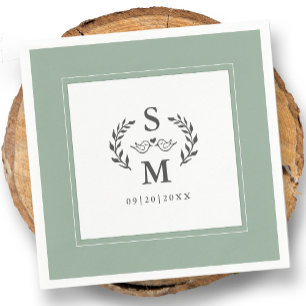 Elegant Bruiloft Monogram Kam Krans Sage Groen Servet