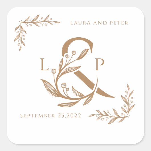 Elegant bruiloft monogrammen met florale ampersand vierkante sticker (Voorkant)