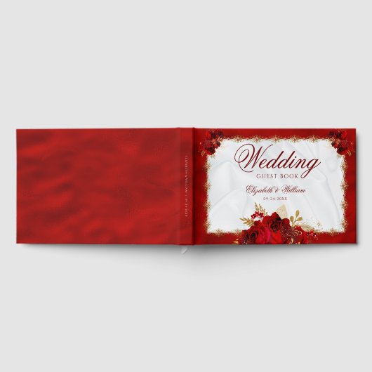 Elegant Bruiloft Rood Goud Wit Bloemen Gastenboek (Volledig)