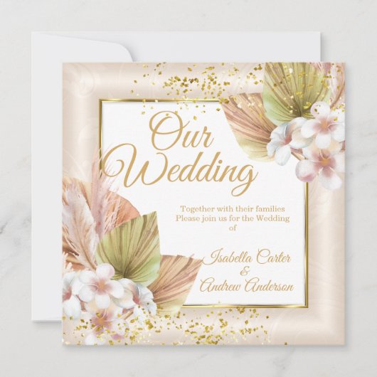 Elegant Bruiloft Witte Crème Boho Bloemen Goud Kaart (Voorkant)