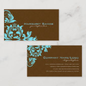 Elegant Bruin & Blauw Bloemen Damasks Visitekaartje (Voorkant / Achterkant)