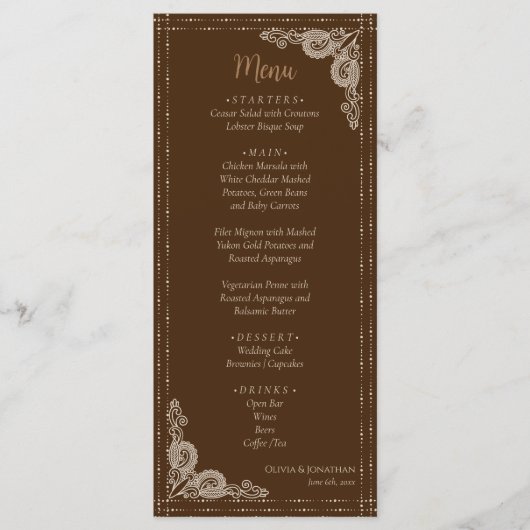 Elegant Bruin Bruiloft Menu (Voorkant)