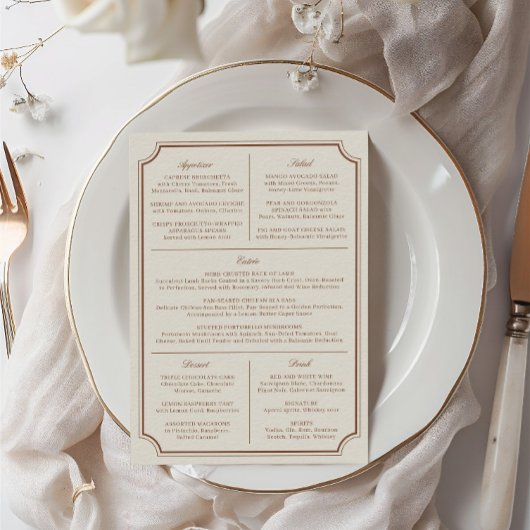Elegant Bruin & Ecru Classic Bruiloft Menu
