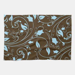 Elegant Bruin en Baby Blauw Bloemen Patroon Theedoek