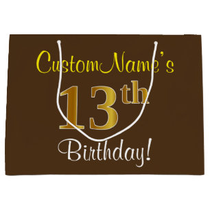 Elegant, bruin, Faux Gold 13th Birthday + naam Large Cadeautasje