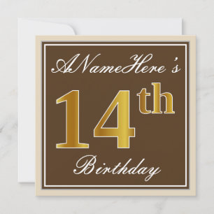 Elegant, bruin, Faux Gold 14th Birthday + naam Kaart