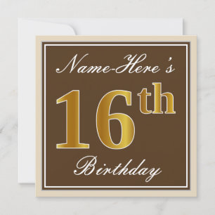 Elegant, bruin, Faux Gold 16e verjaardag + naam Kaart