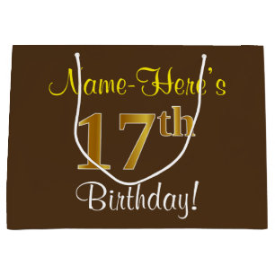 Elegant, bruin, Faux Gold 17th Birthday + naam Large Cadeauzakje