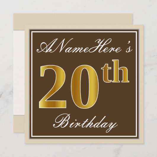 Elegant, bruin, Faux Gold 20th Birthday + naam Kaart (Voorkant / Achterkant)