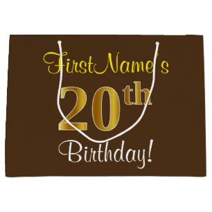 Elegant, bruin, Faux Gold 20th Birthday + naam Large Cadeauzakje
