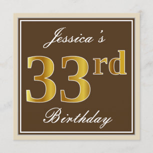 Elegant, bruin, Faux Gold 33rd Birthday + naam Kaart