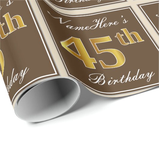 Elegant, bruin, Faux Gold 45th Birthday + naam Cadeaupapier (Rol Hoek)