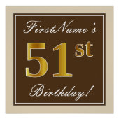 Elegant, bruin, Faux Gold 51st Birthday + naam Perfect Poster (Voorkant)
