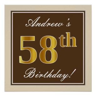 Elegant, bruin, Faux Gold 58th Birthday + naam Perfect Poster