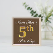 Elegant, bruin, Faux Gold 5th Birthday + naam Kaart (Staand voorkant)