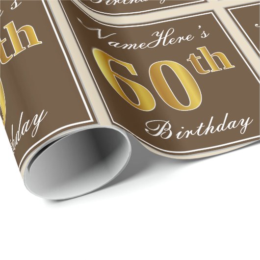Elegant, bruin, Faux Gold 60th Birthday + naam Cadeaupapier (Rol Hoek)