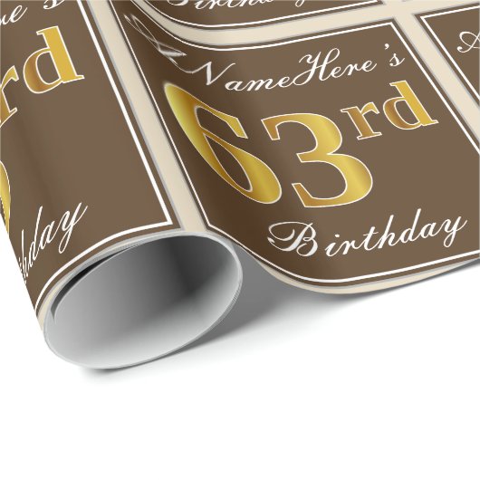 Elegant, bruin, Faux Gold 63rd Birthday + naam Cadeaupapier (Rol Hoek)