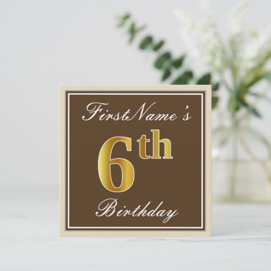 Elegant, bruin, Faux Gold 6th Birthday + naam Kaart (Staand voorkant)