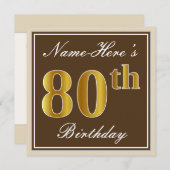 Elegant, bruin, Faux Gold 80th Birthday + naam Kaart (Voorkant / Achterkant)