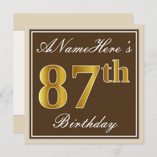 Elegant, bruin, Faux Gold 87th Birthday + naam Kaart (Voorkant / Achterkant)