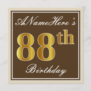 Elegant, bruin, Faux Gold 88th Birthday + naam Kaart