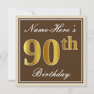 Elegant, bruin, Faux Gold 90th Birthday + naam Kaart