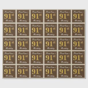 Elegant, bruin, Faux Gold 91st Birthday + naam Cadeaupapier