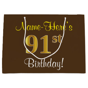 Elegant, bruin, Faux Gold 91st Birthday + naam Groot Cadeauzakje