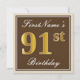 Elegant, bruin, Faux Gold 91st Birthday + naam Kaart