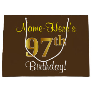 Elegant, bruin, Faux Gold 97th Birthday + naam Large Cadeautasje