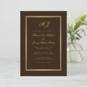 Elegant Bruin Goud Script Monogram Bruiloft Kaart (Staand voorkant)
