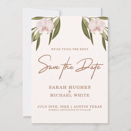 Elegant Bruin Roze Groene Orchid Boho Wedding Save The Date (Voorkant)
