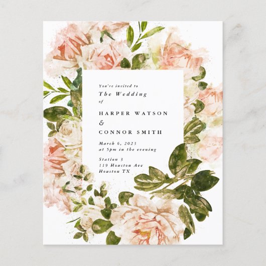 Elegant Budget Roos Romance Waterverf Wedding Flyer (Voorkant)