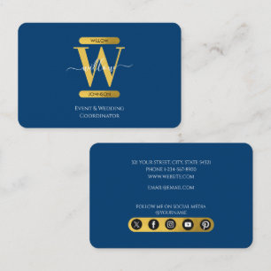 Elegant Bue & Gold Monogram Social Media Icons Visitekaartje