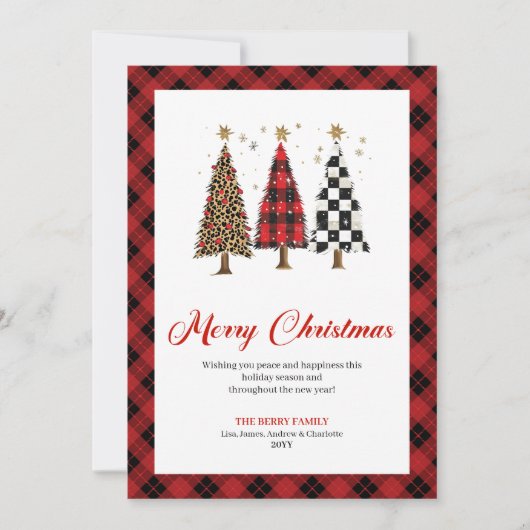 Elegant Buffalo Plaid Christmas Tree Leopard Card Feestdagenkaart (Voorkant)