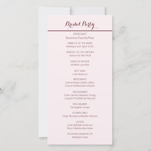 Elegant Burgandy Blush Bloemen Bruiloft Programma (Achterkant)