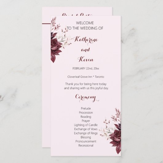 Élégant Burgandy Blush Floral Wedding Programme (Devant / Derrière)